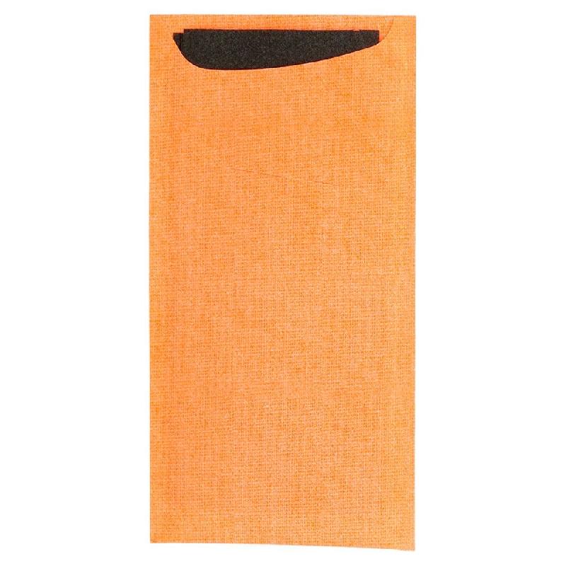 Etui pour couverts kraft orange + serviette noire intissée 11,2x22,5cm x250_0