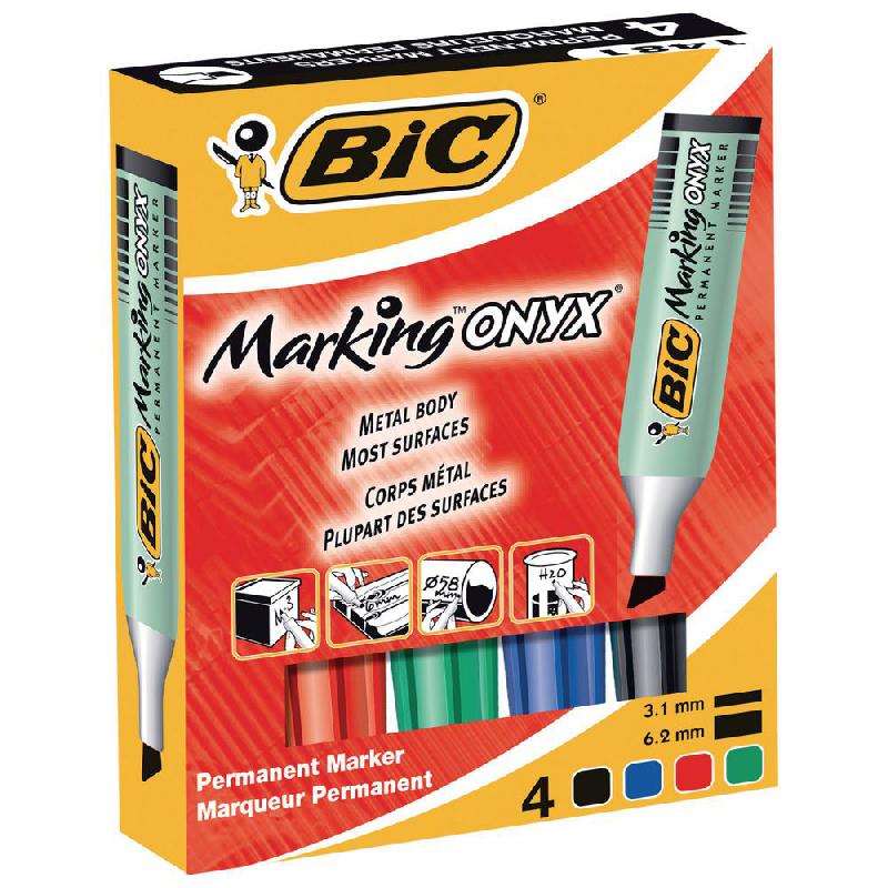 MARQUEUR PERMANENT BIC MARKING ONYX 1481 - POINTE BISEAUTEE TRAIT 2,7 A 6,2 MM - 4 COULEURS ASSORTIES