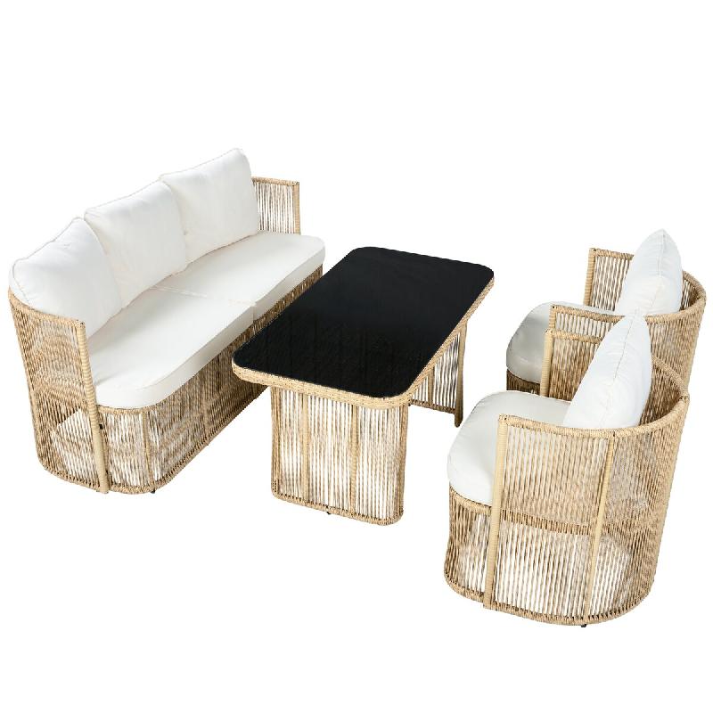 Merax ensemble de chaises de jardin, 4-pièces, rotin PE, rotin, table en verre, noir - beige multi-matériau OT624567A_0