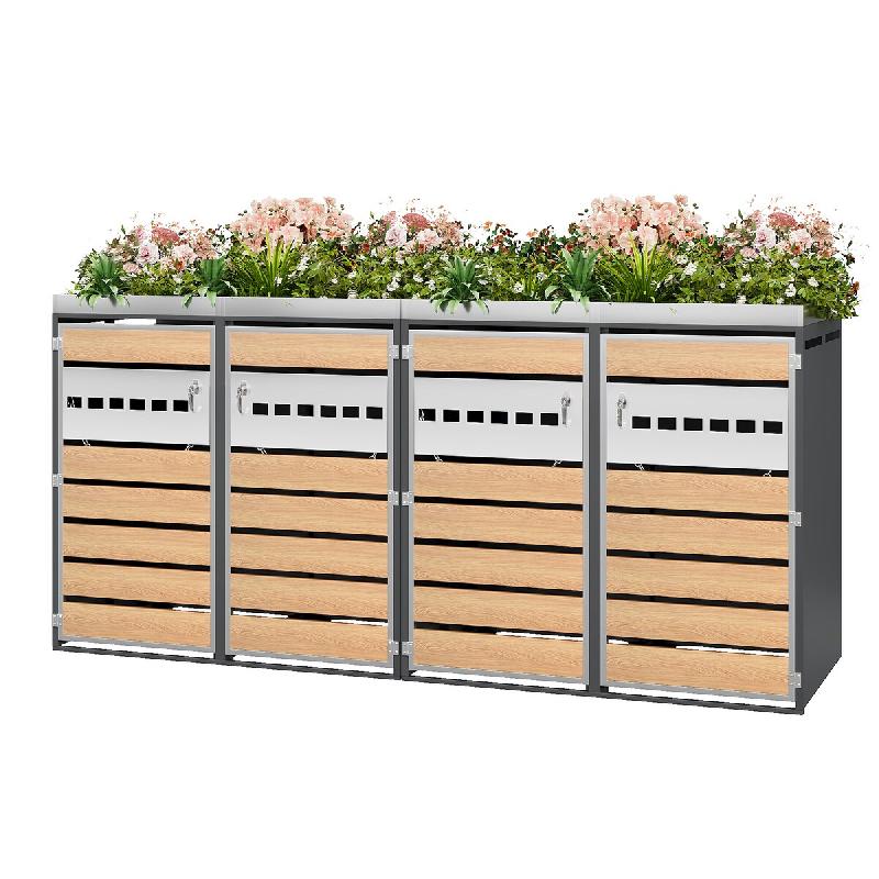Merax Lot de 2 caissons poubelles double porte pour 4 poubelles, 264x80x124.5 cm, acier galvanisé, avec zone de plantation en haut, gris - gris méta_0