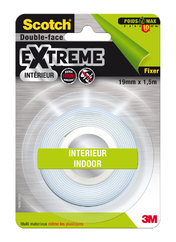 Rouleau adhésif double face SCOTCH - extrême intérieur - 1,5 m x 19 mm - fixation extra-forte pour objets lourds jusqu'à 10 kg_0