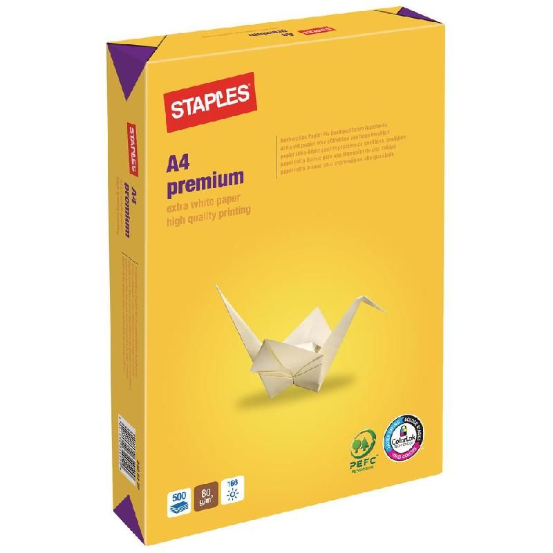 STAPLES PAPIER PREMIUM - RAMETTE DE 500 FEUILLES - FORMAT A4 (80 G/M²) - COULEUR BLANC (LOT DE 5)