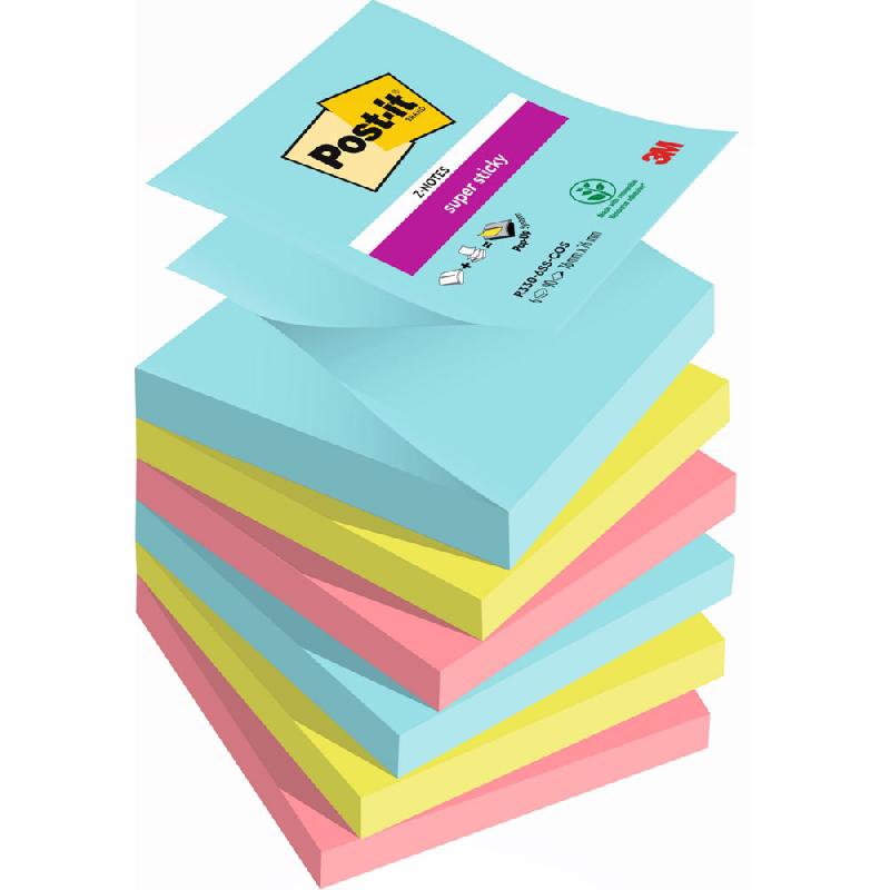 Z-NOTES REPOSITIONNABLES POST-IT COSMIC 76 X 76 MM COLORIS ASSORTIES - 6 BLOCS DE 90 FEUILLES
