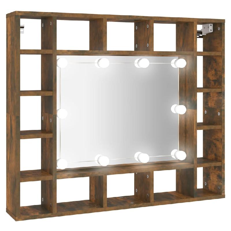 Armoire à miroir avec LED - 91 x 15 x 76,5 cm - Chêne fumé - 16 compartiments de rangement_0