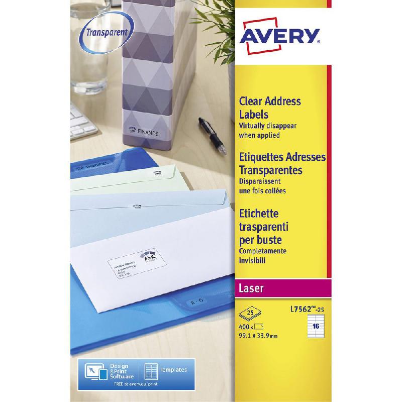 ÉTIQUETTES D'EXPEDITION AVERY POUR IMPRIMANTES LASER - 99,1 X 33,9 MM - 25 FEUILLES - 16 ÉTIQUETTES PAR FEUILLE - AUTO-ADHESIVES - TRANSPARENTES - PAQUET 25 FEUILLES