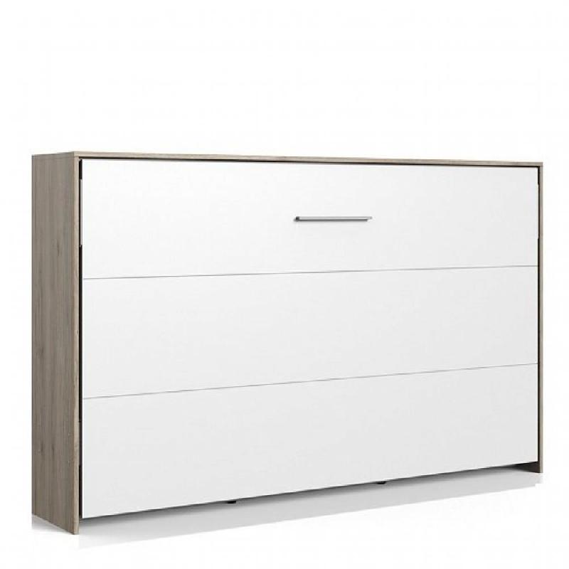 Lit escamotable horizontal Vanier - Décor chêne et façade blanche - Couchage 120 x 200 cm - Faible encombrement_0