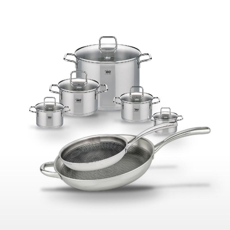 Lot 2 Poêles 28/32cm & 5 Faitouts Elo Relief Evolution - gris inox 3176239958508_0
