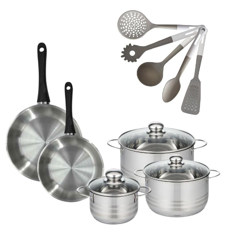 Lot Poêle 24/28 cm Fackelmann Geneva avec 3 Faitouts 16/20/24 cm et 5 ustensiles - gris inox 3176239921939_0