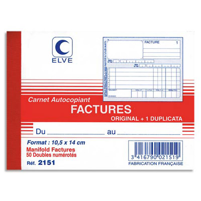 MANIFOLD AUTOCOPIANT FACTURE LEBON & VERNAY - FORMAT 10,5X14 CM - 50 FEUILLETS DUPLI