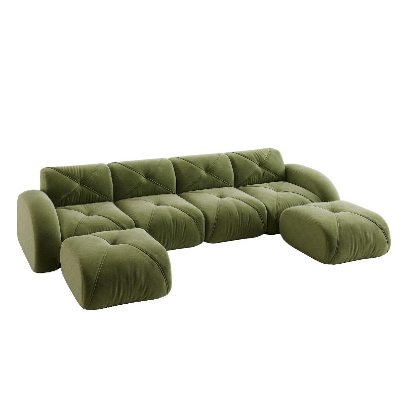 Merax Canapé modulaire 4 places avec 2 tabourets, canapé nuage avec accoudoirs ronds, chenille douce, sans cadre près du sol, canapé lounge, vert_0