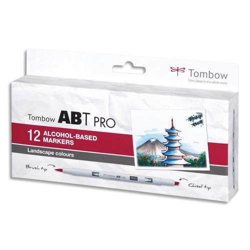 SET DE 12 MARQUEUR A BASE D'ALCOOL TOMBOW ABT PRO, POINTE EN NYLON ET POINTE BISEAUTEE - COULEUR PAYSAGE