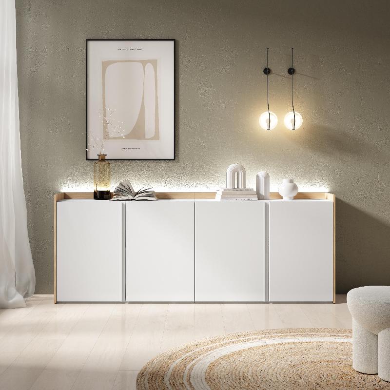 SKRAUT HOME - BUFFET EFFET BOIS BLANC ET CHÊNE 207X35X80CM AVEC LED