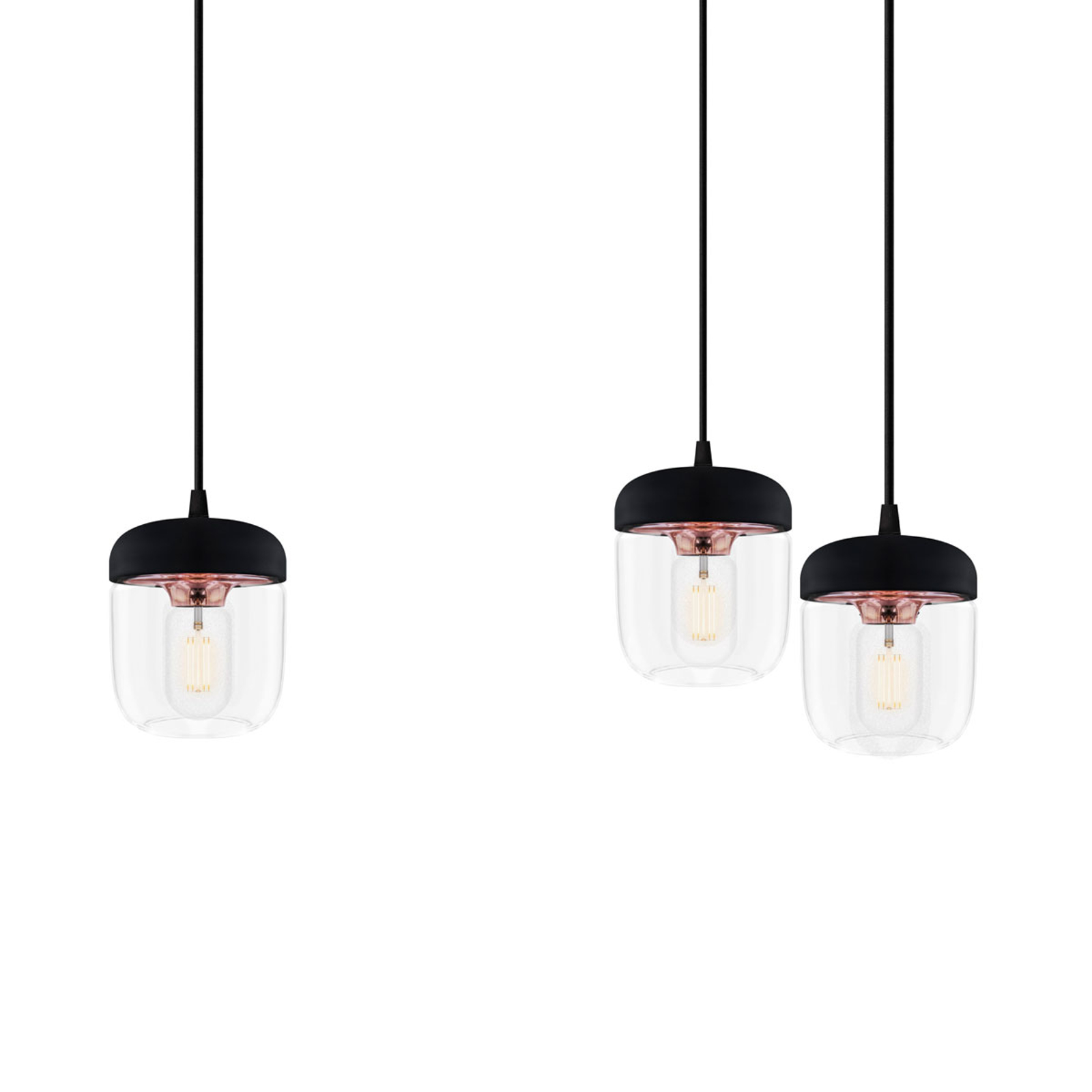 UMAGE SUSPENSION À 3 LAMPES ACORN, NOIR ET CUIVRE