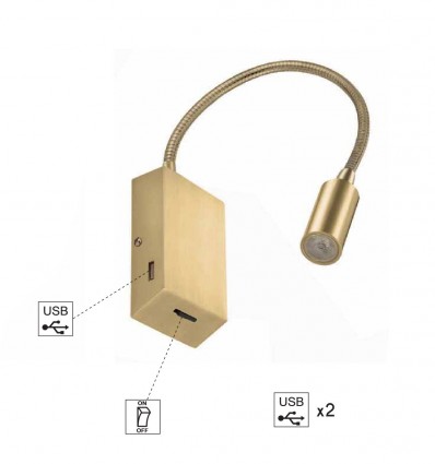 Applique murale LEIDEN LED - Coloris or mat - Interrupteur avec prise USB - Référence 1541_0