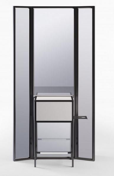 Coiffeuse triptyque PHILOSOPHY - version murale et centrale avec miroir, prise USB et design en métal et bois_0