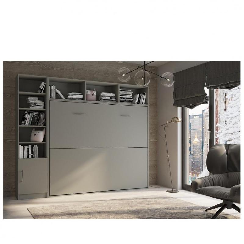 Composition armoire lit escamotable horizontale STRADA-V2 gris graphite mat avec couchage 160x200, surmeuble et colonne bibliothèque_0