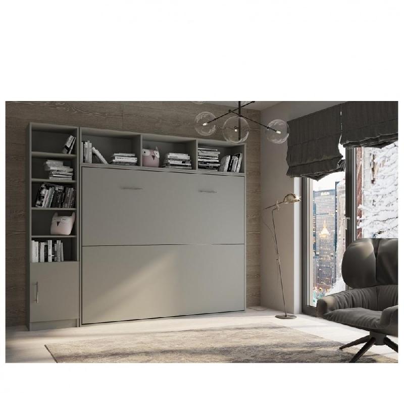 COMPOSITION ARMOIRE LIT HORIZONTALE STRADA-V2 GRIS GRAPHITE MAT COUCHAGE 160*200 AVEC SURMEUBLE ET 1 COLONNE BIBLIOTHÈQUE_0