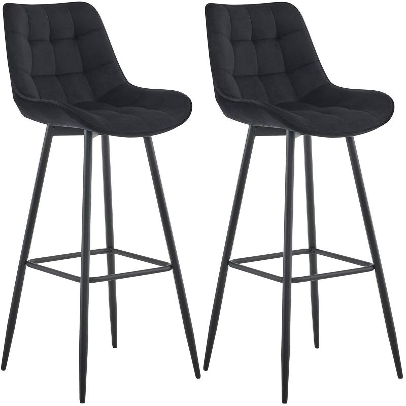 Décoshop26 - Lot de 2 tabourets de bar coutures décoratives carrées avec repose-pieds en velours noir quatre pieds en métal 10_0006537 - noir mét_0