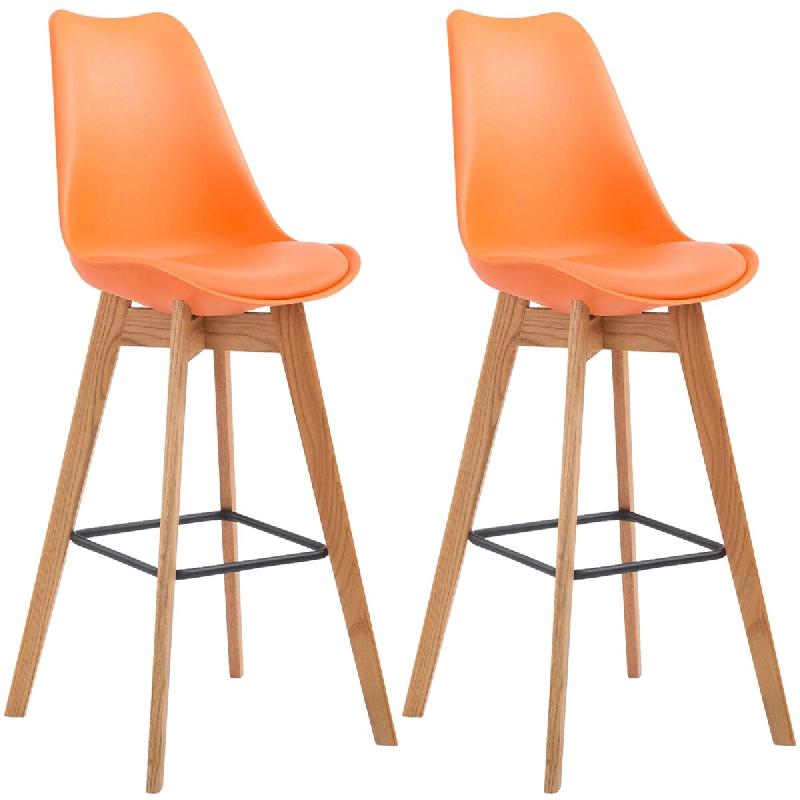Décoshop26 - Lot de 2 tabourets de bar style scandinave avec assise en plastique et PVC orange et structure en bois naturel 10_0006406 - Bois massif_0