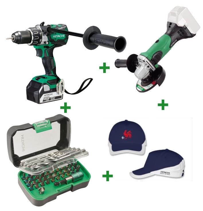LOT DE 2 MACHINES HITACHI - HIKOKI 18V - PERCEUSE VISSEUSE DS18 DBL2 5A + MEULEUSE G18DSL L5 + COFFRET DE PERCAGE VISSAGE - XX136NMG