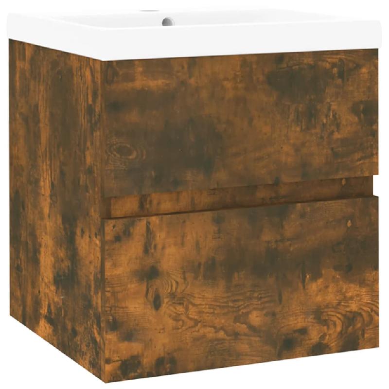 Meuble lavabo avec bassin intégré - 41 x 38,5 x 45 cm - Chêne fumé - Bois d'ingénierie - 02_0006870_0
