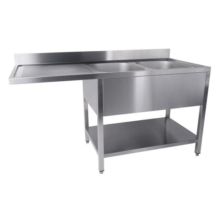 Plonge inox professionnelle - 2 bacs à droite - avec étagère et passage lave-vaisselle - 1600x700x850 - Réf. 7333.1425_0