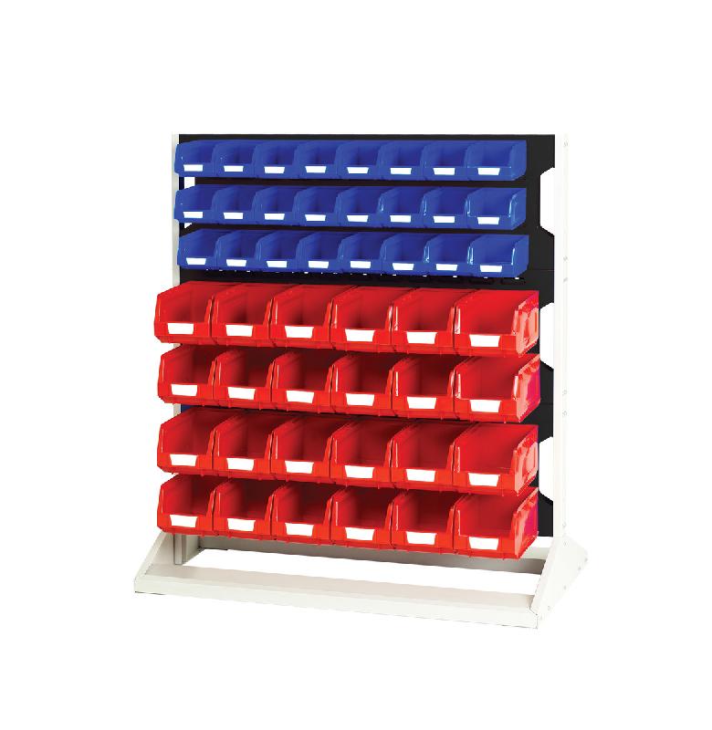 Rack à bacs fixe double face - 6 panneaux, 48 bacs rouges & 48 bacs bleus - LxPxH : 1000x550x1125 mm_0
