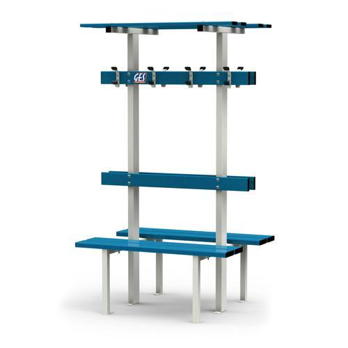 BANC VESTIAIRE DOUBLE SUR PIEDS AVEC PORTE PATÈRES ET PORTE SACS GES ASSISE ALU