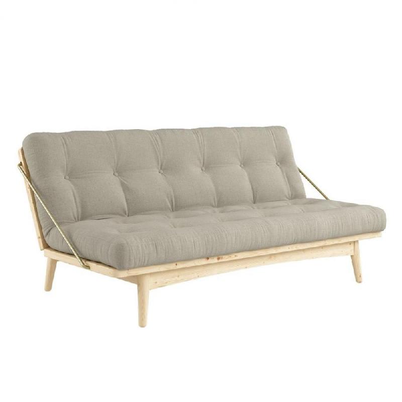 Banquette futon FOLK en pin massif - Coloris lin - Couchage 130 x 190 cm - Accoudoirs métal innovants_0