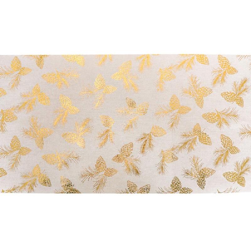 Chemin de table jute blanc pommes de pin or metal 28cm x 5m_0