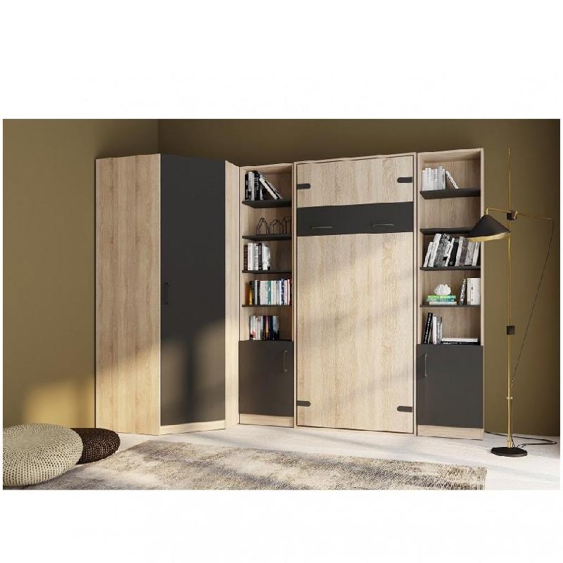 Composition lit escamotable style industriel KEY - Bi-ton chêne noir mat 90x200 cm avec angle dressing et bibliothèques_0