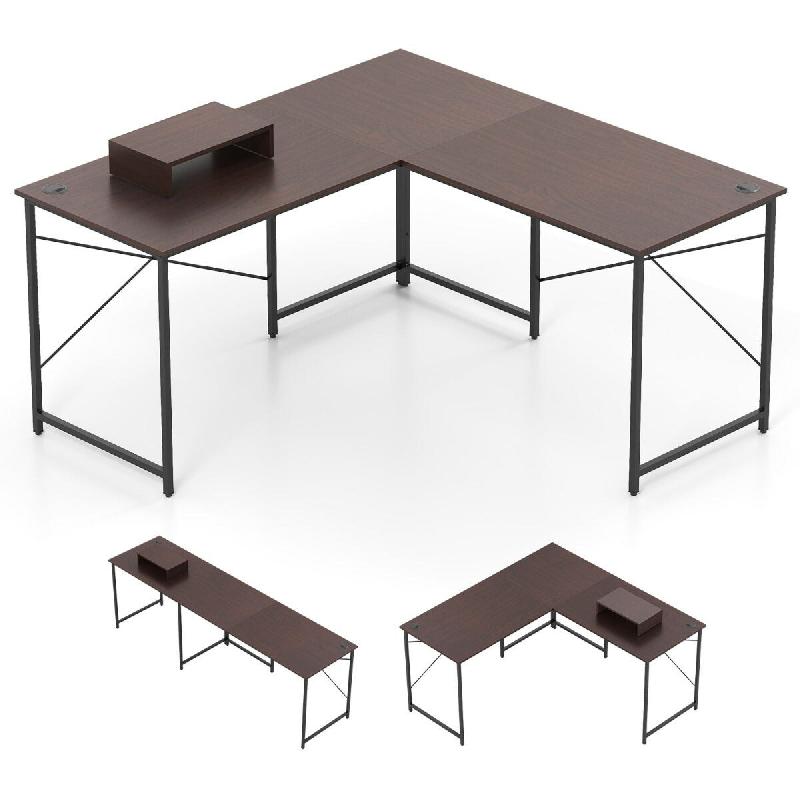 Helloshop26 - Bureau d'angle en L 150 x 150 x 75 cm avec prise intégrée et support ajustable design moderne en café 20_0018992 - métal 3000232715496_0