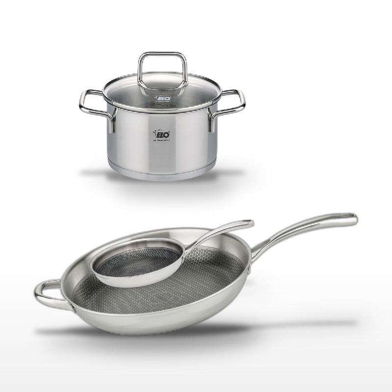 Lot Poêle 32 cm et 24 cm Elo Relief Evolution & Faitout 20 cm - gris inox 3176239954418_0