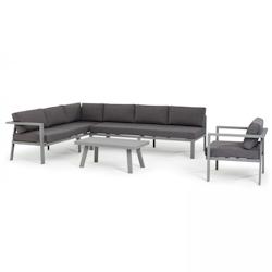 Oviala Business - Salon de jardin 6 places en aluminium gris avec canapé d'angle, fauteuil et table basse - Réf. 105435_0
