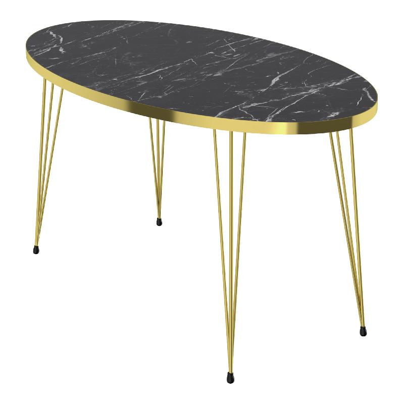 Table basse ovale 43 x 90 x 50 cm - plateau marbre noir/or - pieds en métal doré - réf. 03_0008511_0