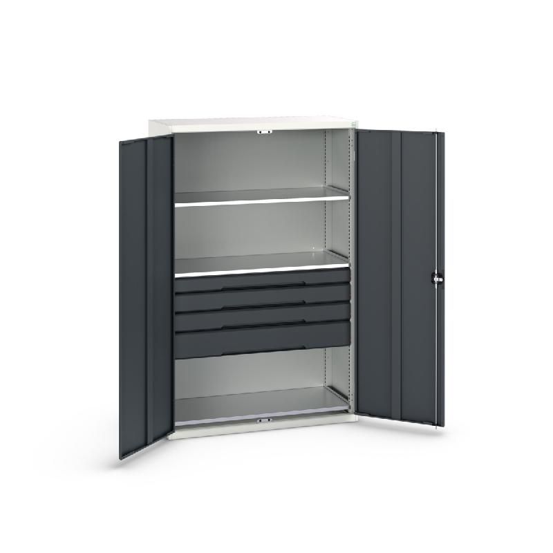 Armoire d'atelier polyvalente Verso - 3 tablettes réglables, 4 tiroirs - 1300x550x2000 mm_0