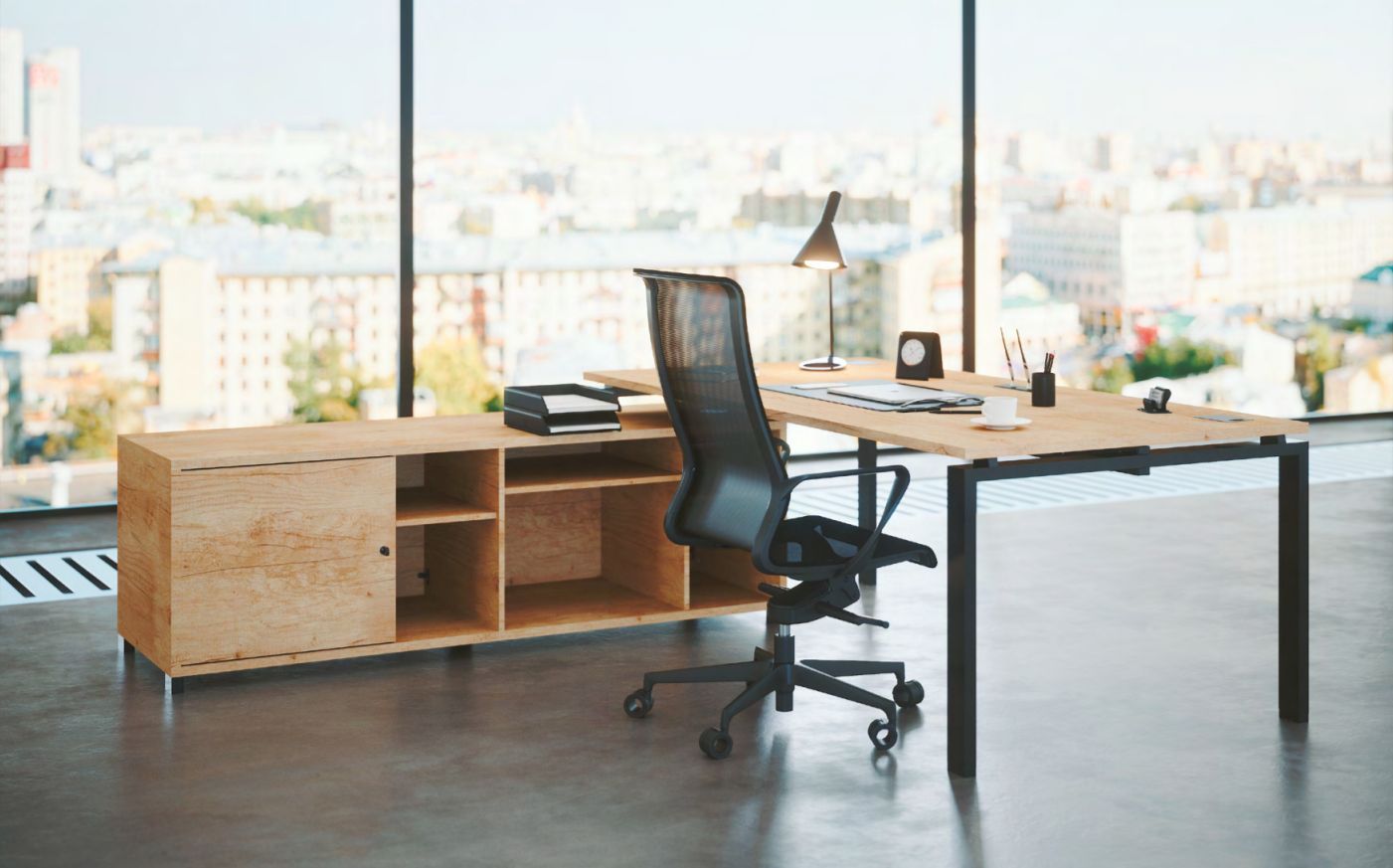 Bureau de direction avec retour - Astro - design sobre avec pied métal Arche et plateau surélevé_0
