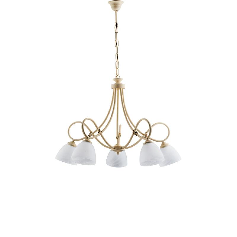BeLight Lustre Dallas ivoire, effet décapé/or antique, verre albâtre d.13, 5 lumières style classique revisité - beige 8050713213480_0