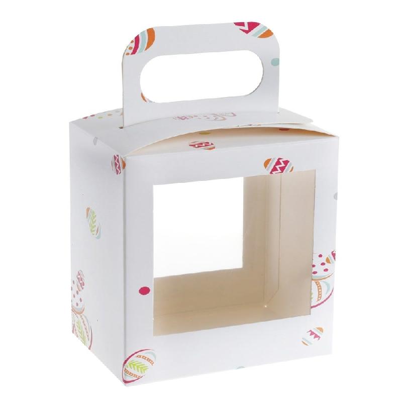 Boite poule de Pâques carton blanc et motif oeufs 16x11x16 cm - par 25_0