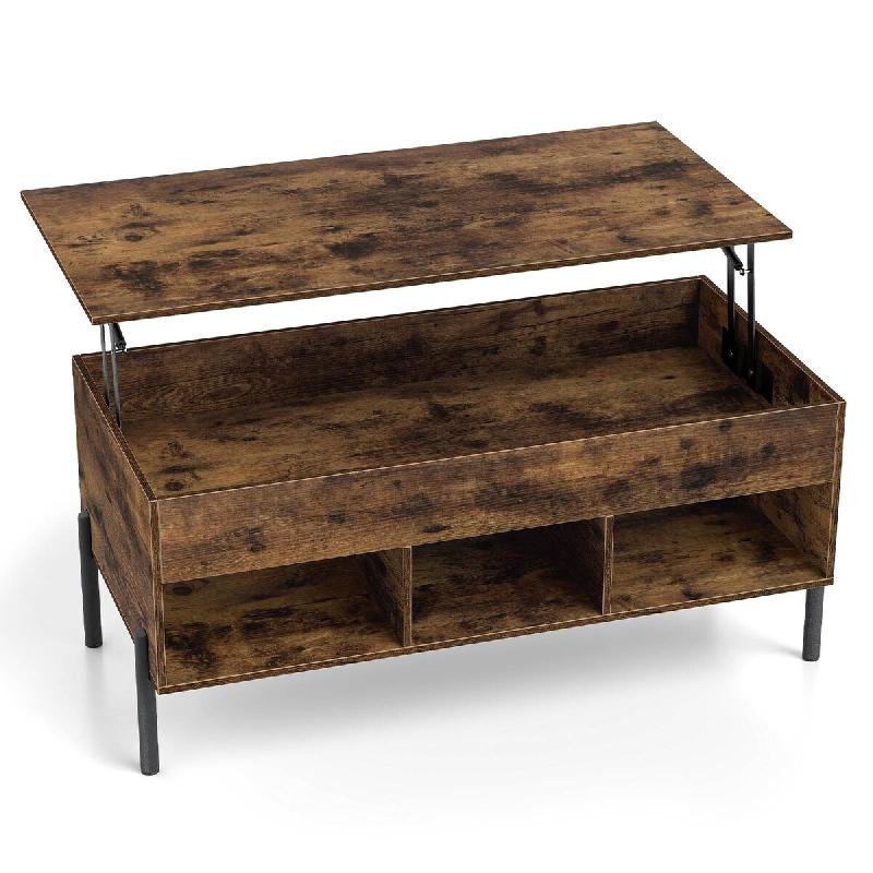 COSTWAY Table basse réglable, avec plateau et 3 compartiments, en bois avec rangement caché, Brun - marron Bois manufacturé VH34280OR_0