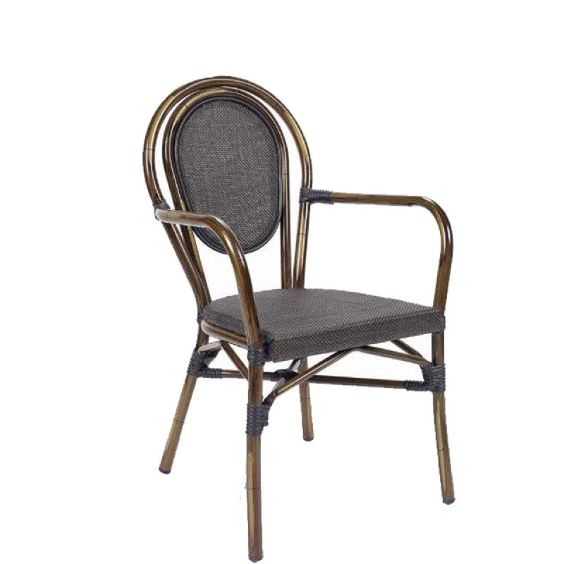 Fauteuil de terrasse BOULEVARD - textilène noir - aluminium noyer, empilable et résistant UV_0