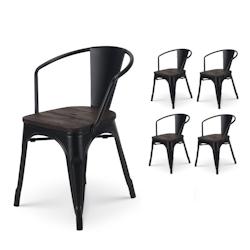 Kosmi Lot de 4 chaises en métal noir mat style industriel avec assise en bois foncé - Avec accoudoirs - 3760301690009_0