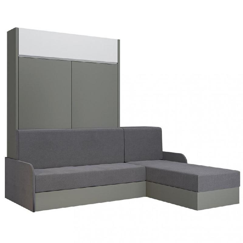 Lit escamotable Aladyno Sofa 140x200 cm - méridienne réversible tissu gris, bandeau blanc_0