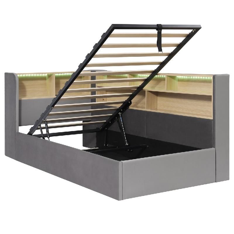 Merax LED Daybed 90 x 200 cm, lit simple avec rangement hydraulique, USB & USB-C, lit rembourré en velours avec dossier, gris - gris multi-matériau_0