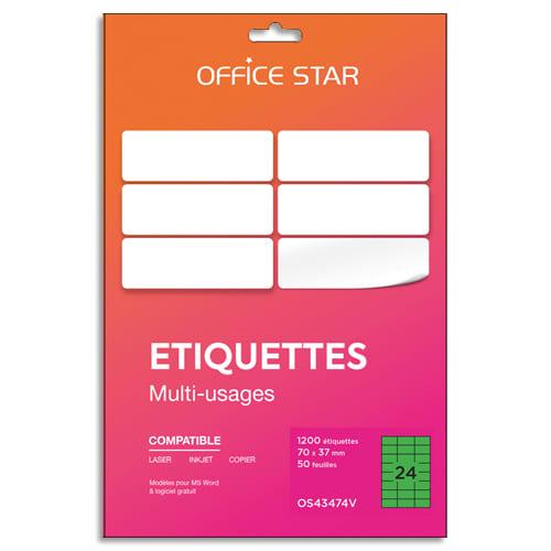Office Star - Boîte de 1200 étiquettes adhésives multiusage - Format 70x37mm - Planche A4 - Coloris vert_0