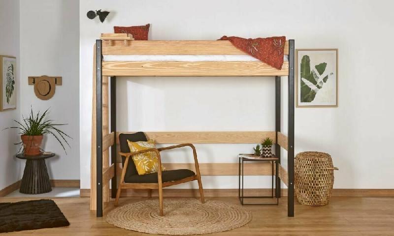 PACK LIT MEZZANINE DONNELL + MATELAS  NOIR ET BOIS 90X190 CM/OPT:MATELAS ARNO LATEX