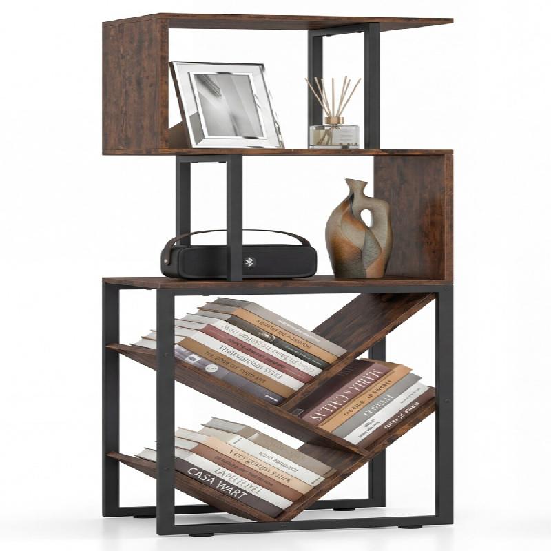 COSTWAY Étagère 2 en 1, avec 3 étagères, table séparatrice avec structure métallique, anti-bascule, 39,5x25x122, Marron - marron Bois manufactur_0
