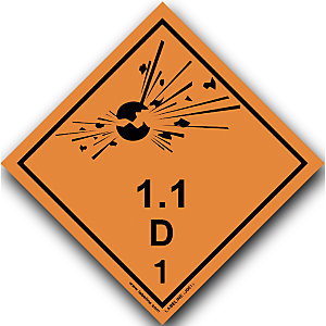 ETIQUETTE DE DANGER AUTOCOLLANTE SUPPORT VINYLE TOUS MODES DE TRANSPORT CLASSE 1.1D 100X100MM