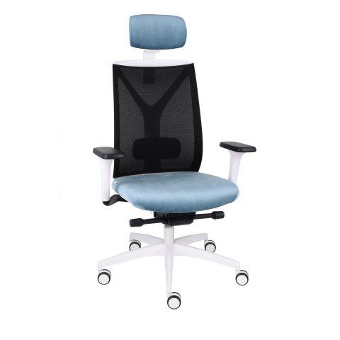 FAUTEUIL DE BUREAU ERGONOMIQUE VALIO, TISSU ET MAILLE, AVEC ACCOUDOIRS 4D ET APPUI-TÊTE, MÉCANISME SYNCHRONE, PIEDS BLANCS - BLEU