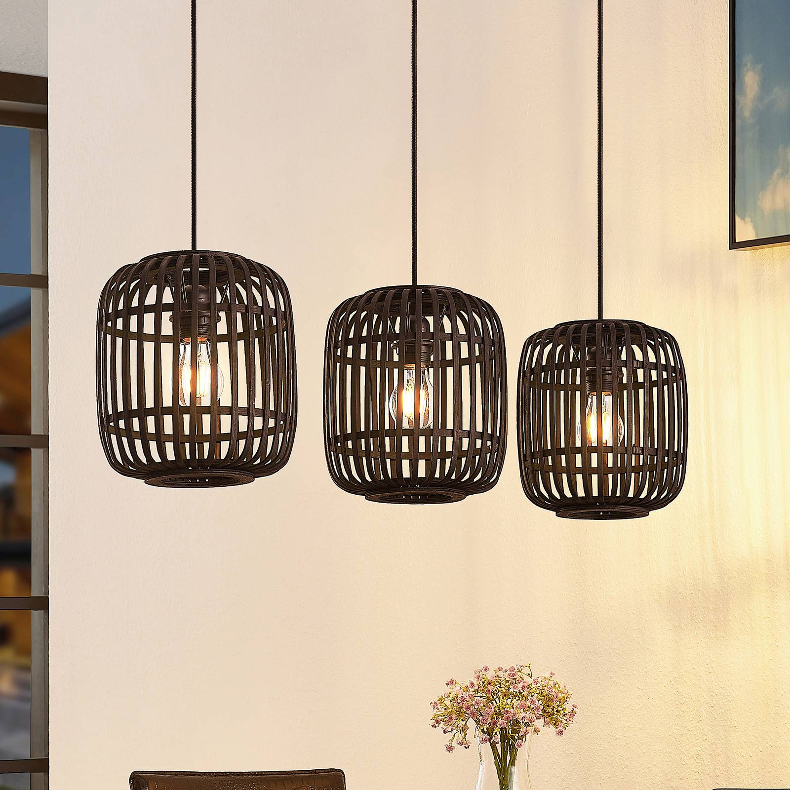 LINDBY SUSPENSION CANYANA, NOIR, 3 LAMPES, ROTIN, 105 CM
